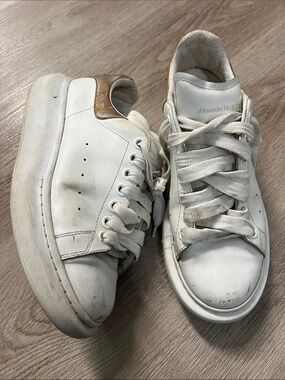 Alexander McQueen White Leather Sneakers with Metallic Heel Tab